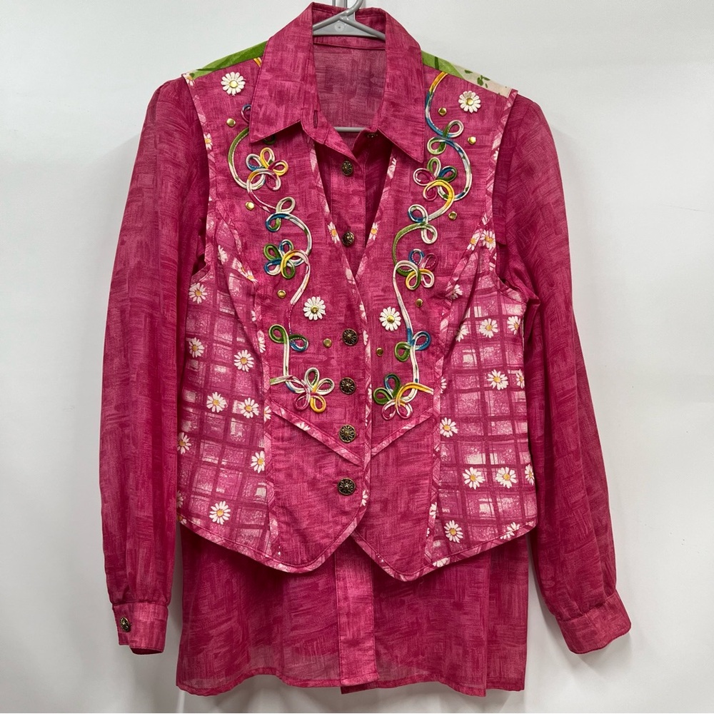 Vintage sz 4 Embellished Pink Women's 2 piece vest & button down long sleeve top